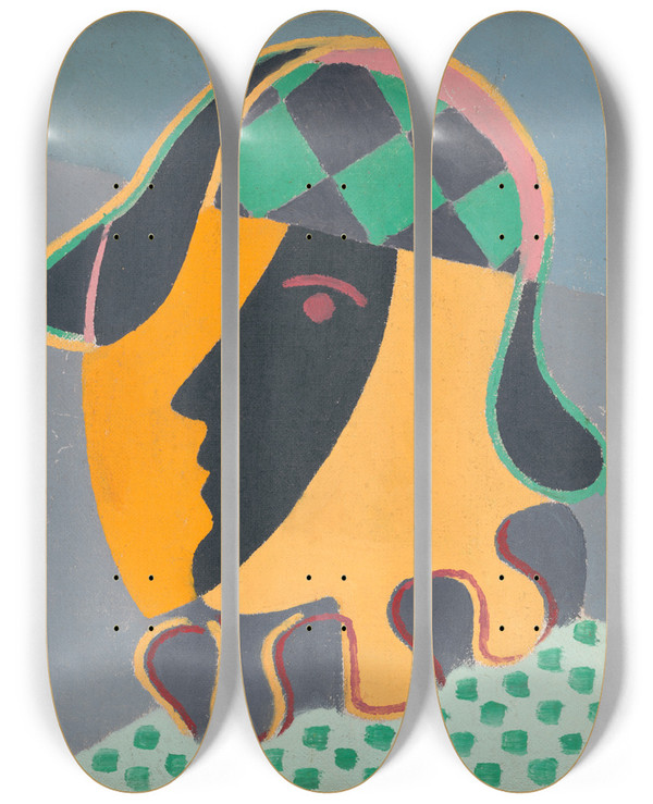 Triptych art skateboard deck of Mikul Galanda Pierots Head by Mikulas Galanda (1895-1938)
