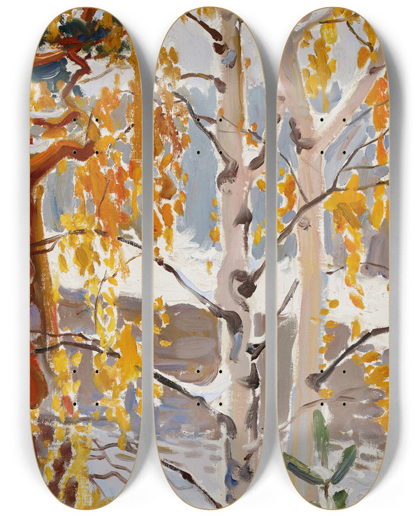 Triptych art skateboard deck of Akseli Gallenkallela First Snow by Akseli Gallen Kallela (1865-1931)