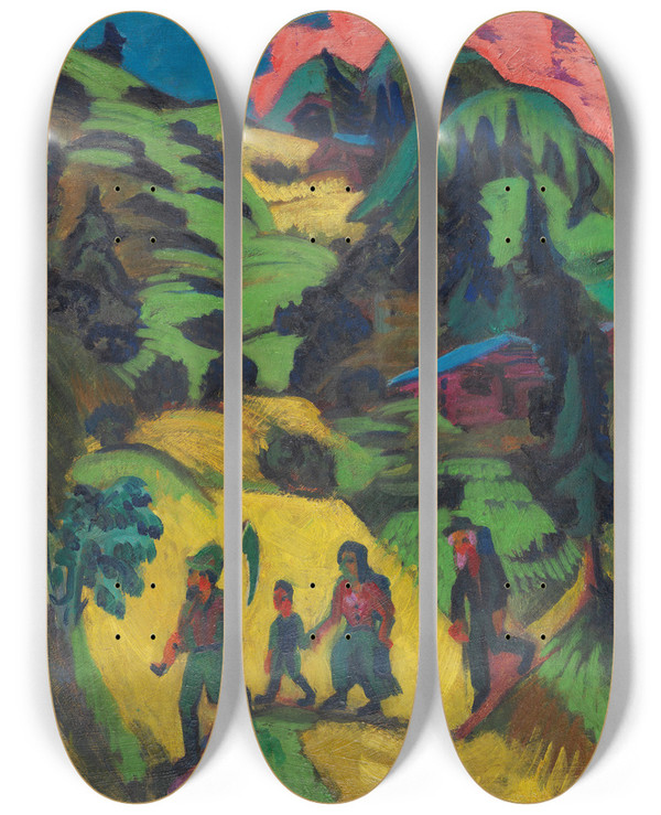 Triptych art skateboard deck of Ernst Ludwig Kirchner Heimkehrender Heuer by Ernst Ludwig Kirchner (1880-1938)