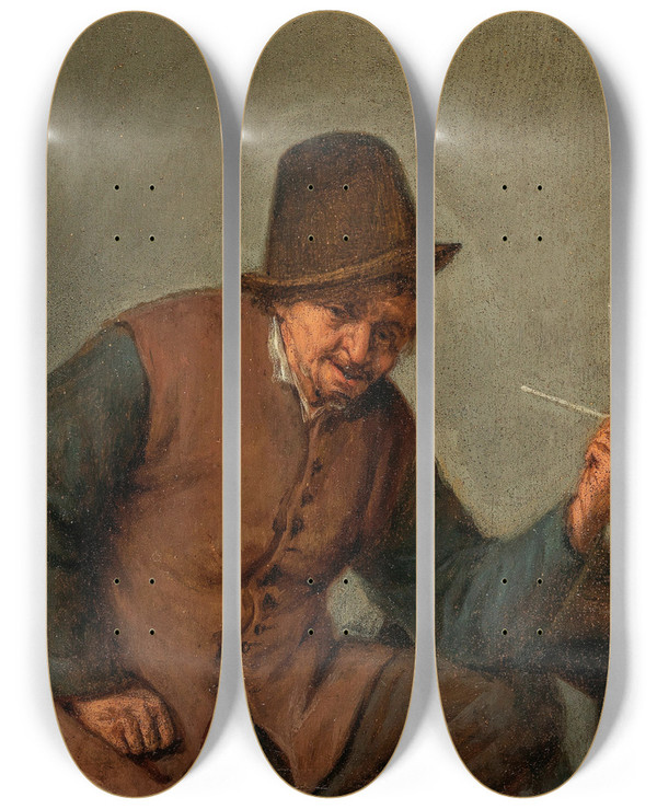 Triptych art skateboard deck of Adriaen Van Ostade A Peasant Smoking by Adriaen Van Ostade (1610-1684)