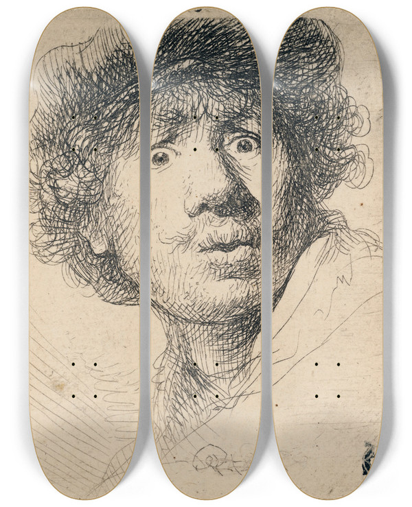 Triptych art skateboard deck of Rembrandt Van Rijn Selfportrait In A Cap Wideeyed And Openmouthed_2 by Rembrandt Van Rijn (1606-1669)
