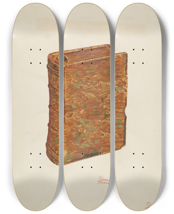 Triptych art skateboard deck of Richard Barnett Book Flask by Richard Barnett