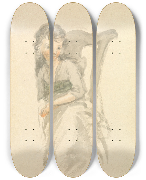 Triptych art skateboard deck of Nicholas Pocock Study Of A Girl Seated On A Chair by Nicholas Pocock (1740-1821)