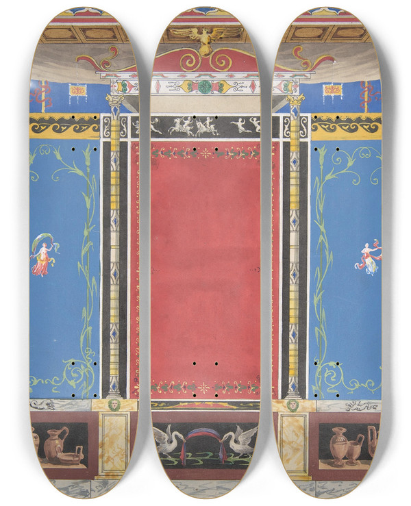 Triptych art skateboard deck of Julesedmondcharles Lachaise Painted Wall Decor Featuring Thin Column With A Pair Of Swans And Trompe Loeil Vases At Base by Jules-Edmond-Charles Lachaise (1897)