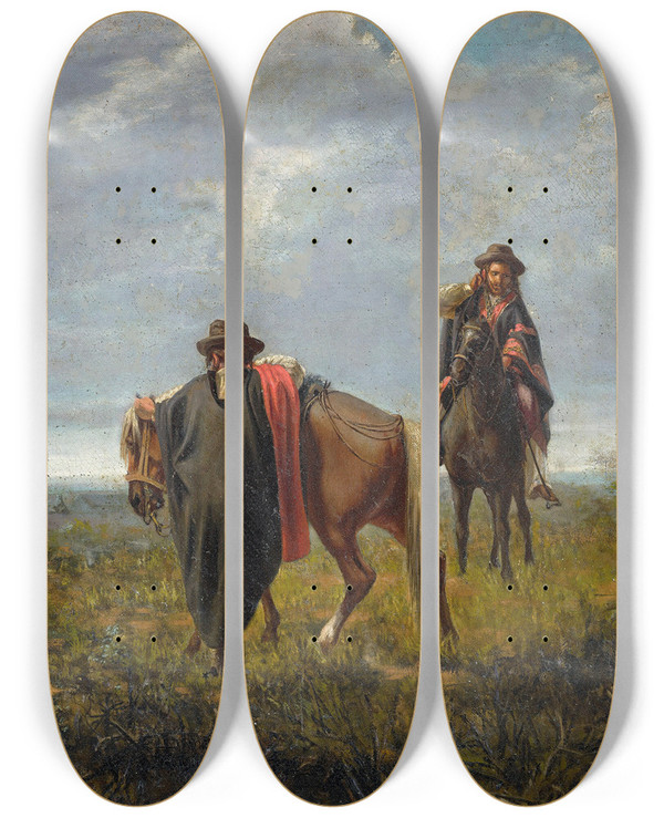 Triptych art skateboard deck of Juan Manuel Blanes Los Dos Ponchos by Juan Manuel Blanes (1830-1901)