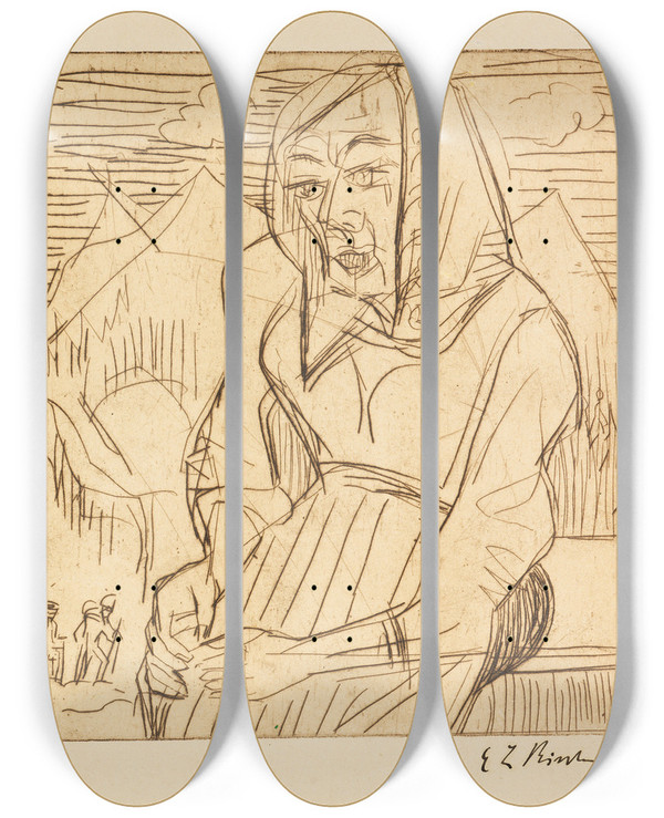 Triptych art skateboard deck of Ernst Ludwig Kirchner Sitzende Buerin by Ernst Ludwig Kirchner (1880-1938)