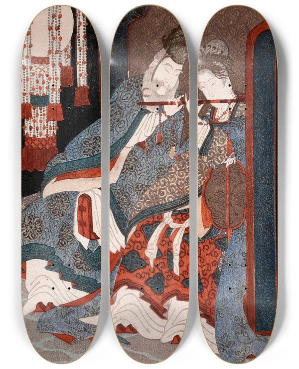Triptych art skateboard deck of Yashima Gakutei Emperor Ming Huang And Yang Guifei Playing A Flute Together by Yashima Gakutei (1786-1868)