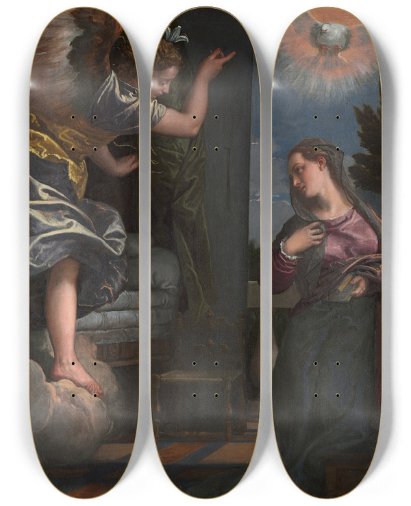 Triptych art skateboard deck of Paolo Veronese The Annunciation by Paolo Veronese (1528-1588)