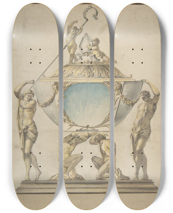 Triptych art skateboard deck of Luigi Valadier Design For A Gold And Silver Bishops Reliquary by Luigi Valadier (1726-1785)