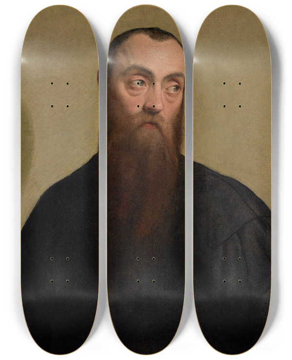 Triptych art skateboard deck of Jacopo Bassano Portrait Of A Bearded Man by Jacopo Bassano (1510-1592)