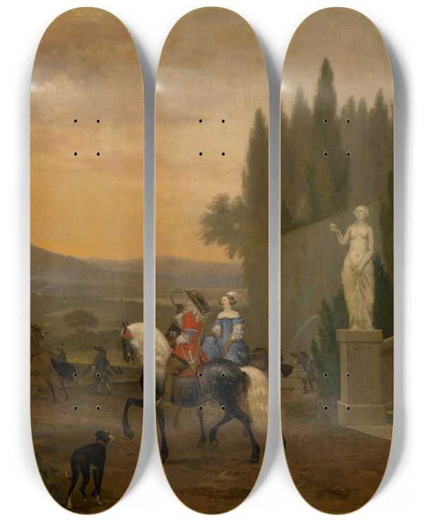 Triptych art skateboard deck of Hendrick Ten Oever Departure To The Hunt by Hendrick Ten Oever (1639-1716)