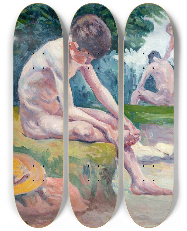 Triptych art skateboard deck of Maximilien Luce Jeunes Baigneurs by Maximilien Luce (1858-1941)