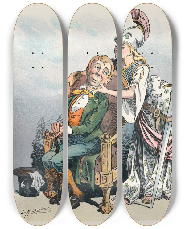 Triptych art skateboard deck of Louis Glackens A Flirtation by Louis Glackens (1866-1933)