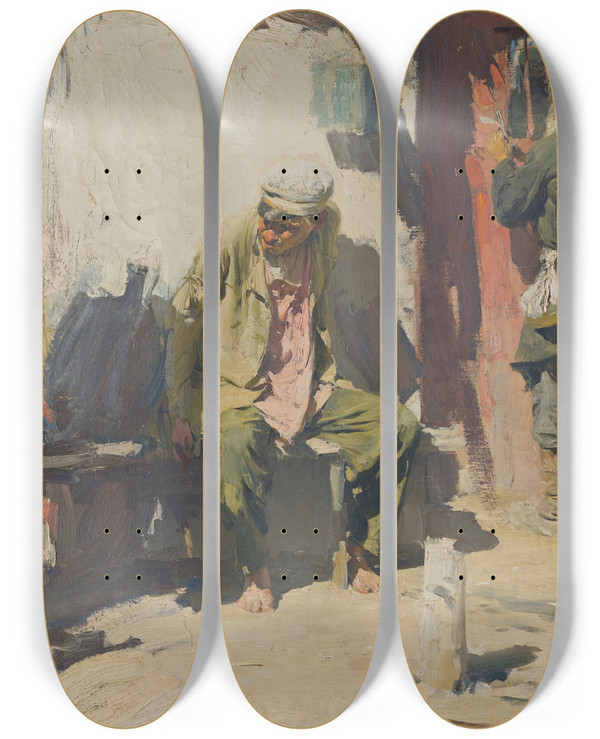 Triptych art skateboard deck of Abram Efimovich Arkhipov Beggars_1 by Abram Efimovich Arkhipov (1862-1930)
