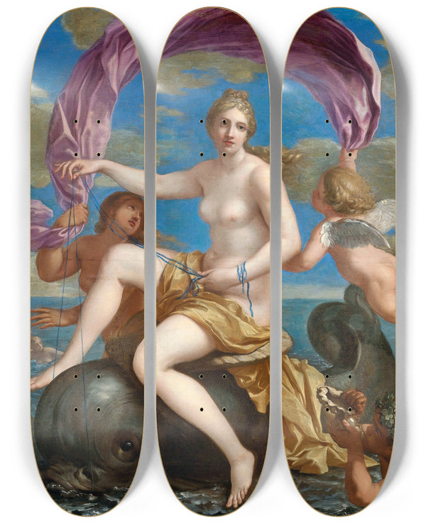 Triptych art skateboard deck of Charles Alphonse Du Fresnoy The Triumph Of Galatea by Charles Alphonse Du Fresnoy (1611-1668)