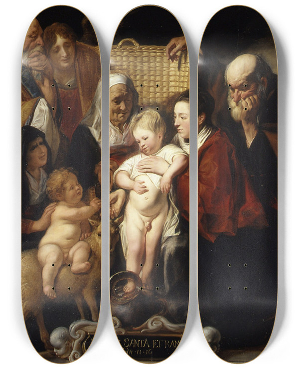 Triptych art skateboard deck of Jacob Jordaens The Holy Family With Saint Anne And The Young Baptist And His Parents by Jacob Jordaens (1593-1678)