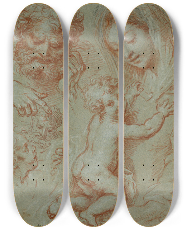 Triptych art skateboard deck of Michel Corneille The Younger Studies Of The Madonna And Child And Of Heads by Michel Corneille The Younger (1642-1708)