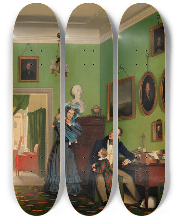 Triptych art skateboard deck of Wilhelm Bendz The Waagepetersen Family by Wilhelm Bendz (1804-1832)