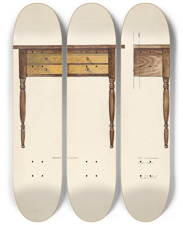 Triptych art skateboard deck of Roberta Elvis Bishop Hill Table by Roberta Elvis
