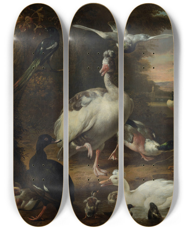 Triptych art skateboard deck of Melchior Dhondecoeter Birds by Melchior d'Hondecoeter (1636-1695)