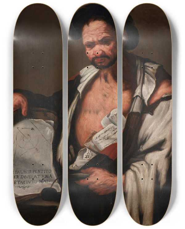 Triptych art skateboard deck of Luca Giordano Democratus by Luca Giordano (1634-1705)