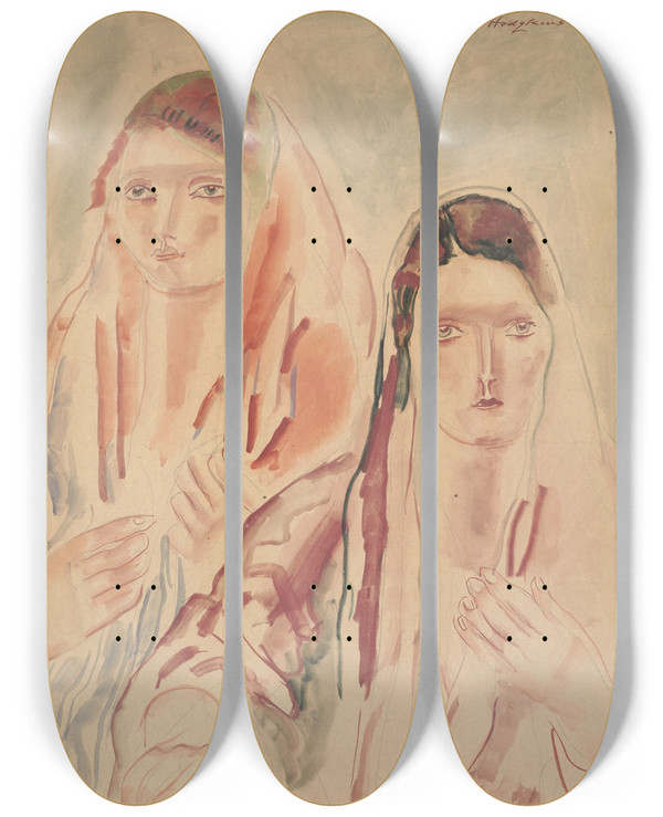 Triptych art skateboard deck of Frances Hodgkins Lancashire Mill Girls by Frances Hodgkins (1869-1947)