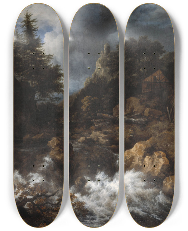 Triptych art skateboard deck of Jacob Van Ruisdael Waterfall With A Halftimbered House And Castle by Jacob Van Ruisdael (1628-1682)