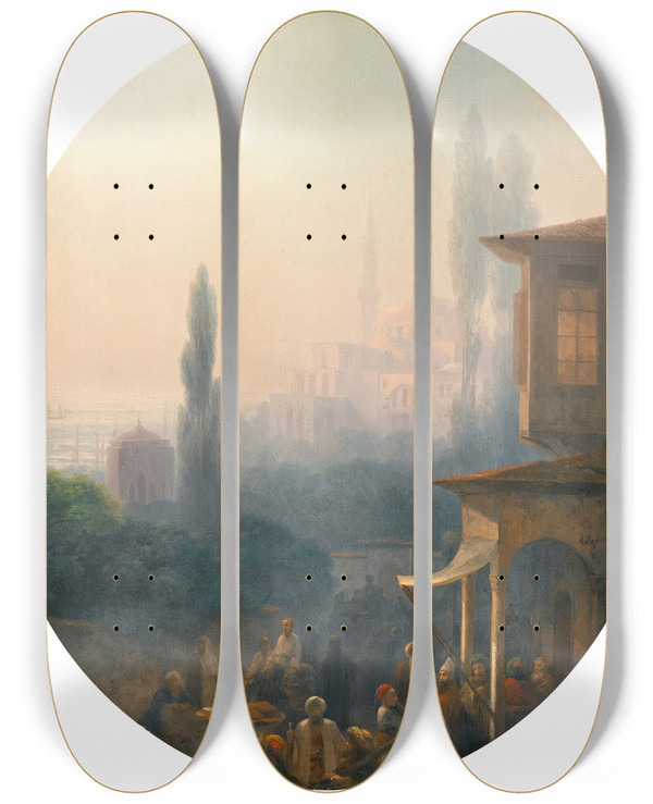 Triptych art skateboard deck of Ivan Konstantinovich Aivazovsky A Market Scene In Constantinople With The Hagia Sophia Beyond by Ivan Konstantinovich Aivazovsky (1817-1900)