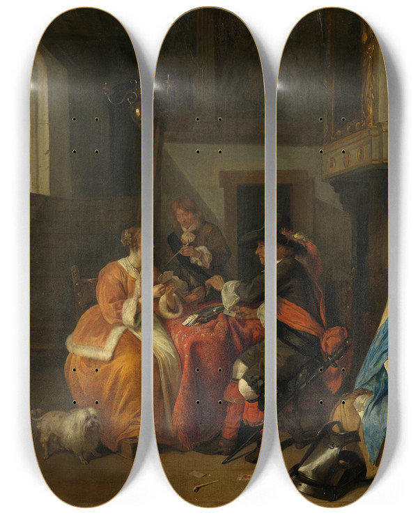 Triptych art skateboard deck of Gabriel Metsu A Card Game by Gabriel Metsu (1629-1667)