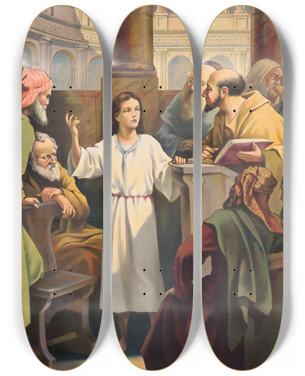Triptych art skateboard deck of Stecher Litho Co The Boy Jesus In The Temple by Stecher Litho Co (1871)