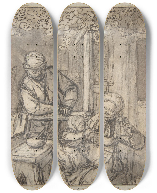 Triptych art skateboard deck of Adriaen Van Ostade Mother And Child With A Doll by Adriaen Van Ostade (1610-1684)
