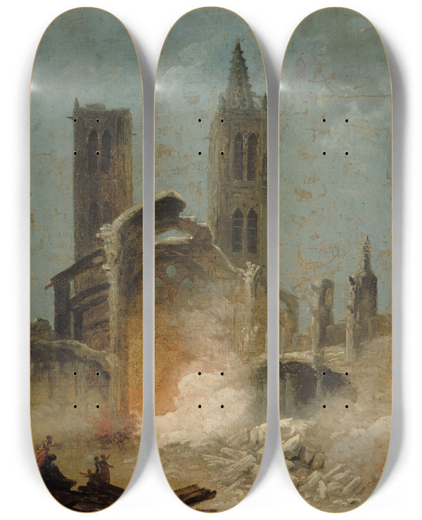 Triptych art skateboard deck of Hubert Robert La Dmolition De Lglise Saintjeanengrve En 1800 by Hubert Robert (1733-1808)