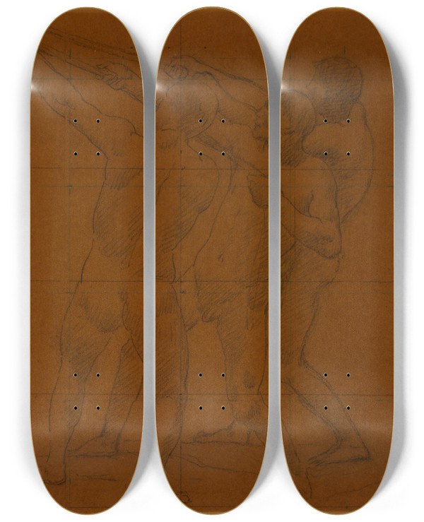 Triptych art skateboard deck of Pierre Puvis De Chavannes Trois Hommes Nus Debout Tirant Sur Des Cordes by Pierre Puvis De Chavannes (1824-1898)