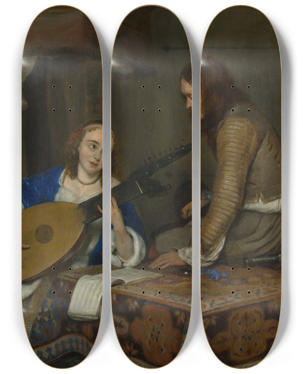 Triptych art skateboard deck of Gerard Ter Borch A Woman Playing The Theorbolute And A Cavalier by Gerard Ter Borch (1617-1681)