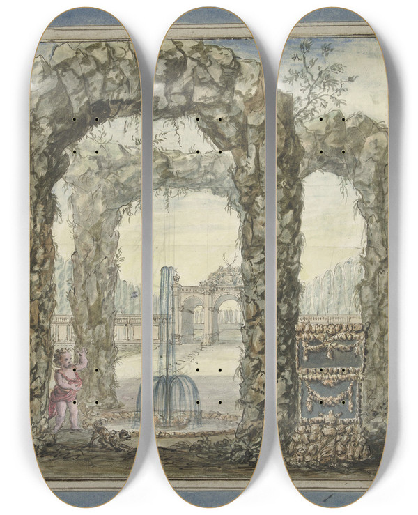 Triptych art skateboard deck of Elias Van Nijmegen Ontwerp Voor Een Kamerbeschildering Met Stenen Bogen Met Een Fontein En Zicht Op Een Tuin by Elias Van Nijmegen (1667-1755)