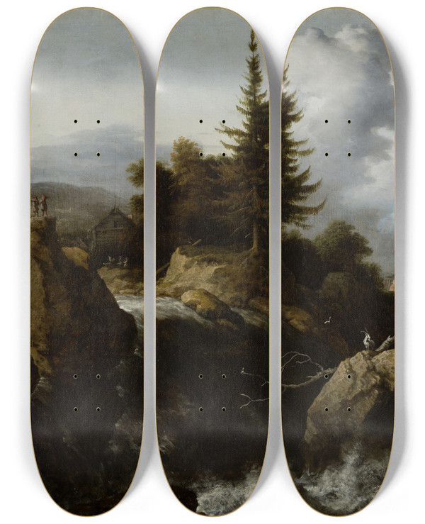 Triptych art skateboard deck of Allaert Van Everdingen Landscape With Waterfall_1 by Allaert Van Everdingen (1621-1675)
