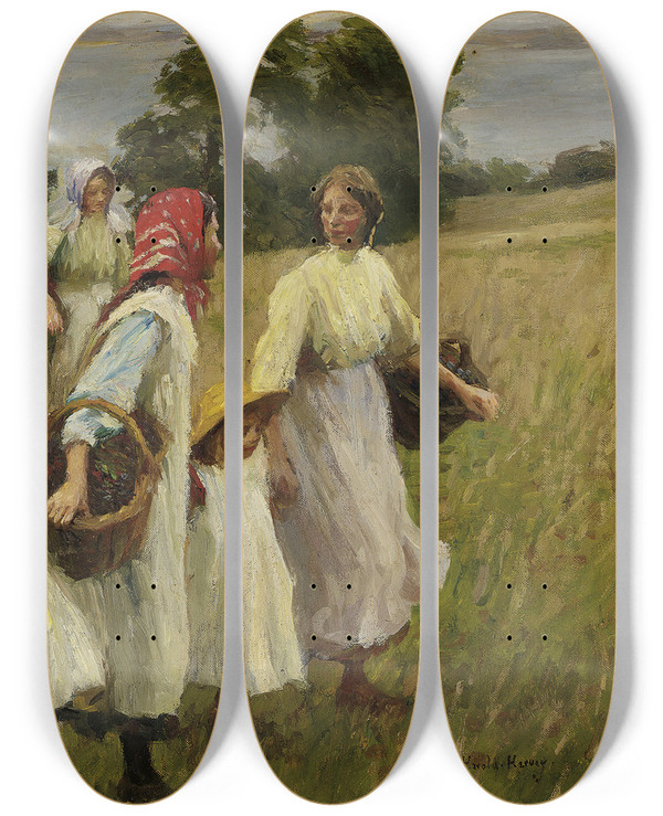 Triptych art skateboard deck of Harold Harvey The Blackberry Harvest_2 by Harold Harvey (1874-1941)