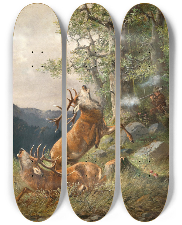 Triptych art skateboard deck of Moritz Mller Ii Deer Hunting by Moritz Mller II (19-)