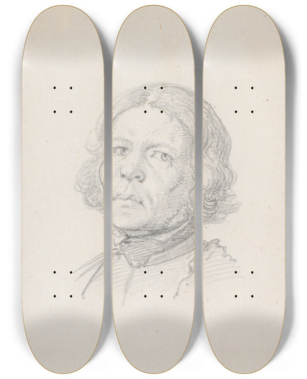 Triptych art skateboard deck of Wilhelm Marstrand Portrthoved Svensk Bonde_1 by Wilhelm Marstrand (1810-1873)