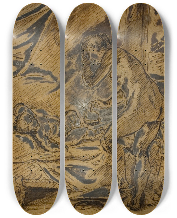 Triptych art skateboard deck of Anthoni Schoonjans Cupid And Psyche by Anthoni Schoonjans (1655-1726)