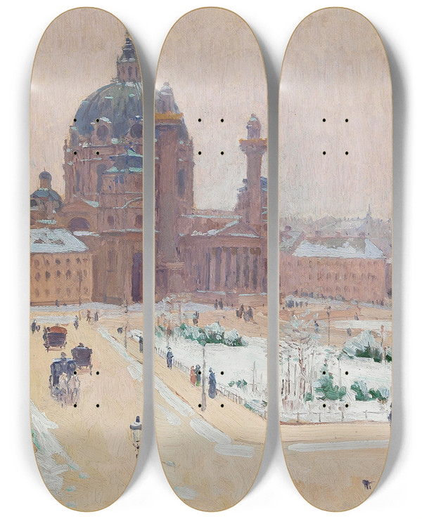 Triptych art skateboard deck of Carl Moll Karlskirche Im Winter Church Of St Charles In Winter by Carl Moll (1861-1945)