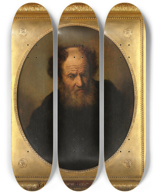 Triptych art skateboard deck of Rembrandt Van Rijn An Old Man by Rembrandt Van Rijn (1606-1669)