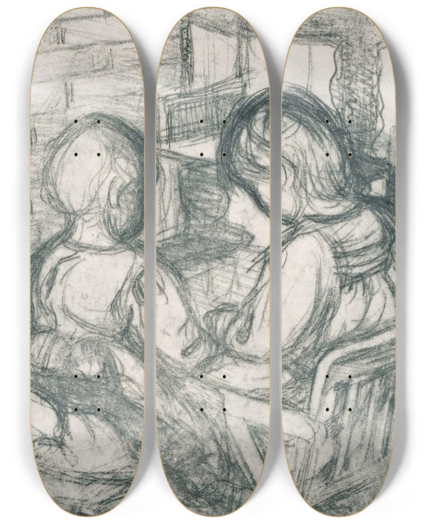 Triptych art skateboard deck of Pekka Halonen Girls By The Fireplace by Pekka Halonen (1865-1933)