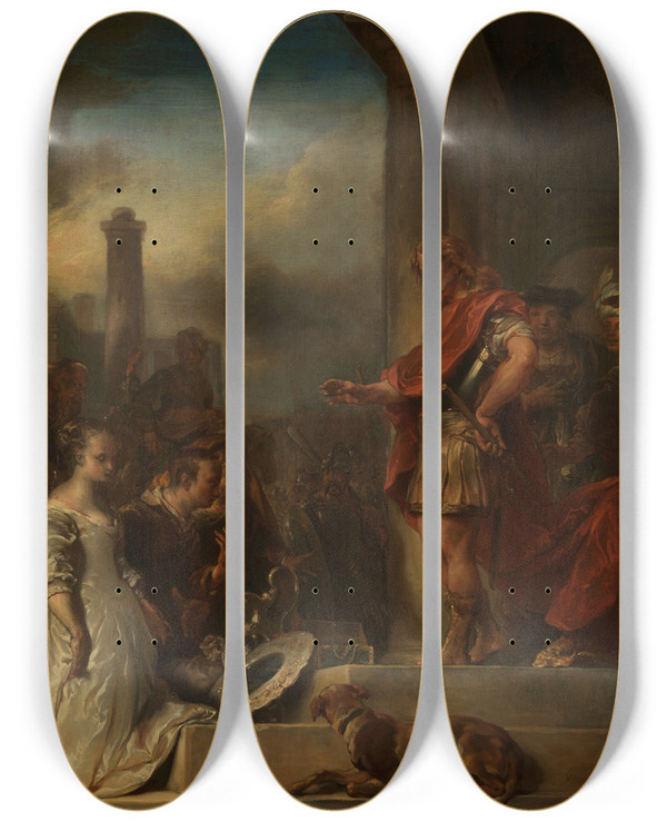 Triptych art skateboard deck of Jan Van Noordt The Continence Of Scipio by Jan Van Noordt (1623-1676)