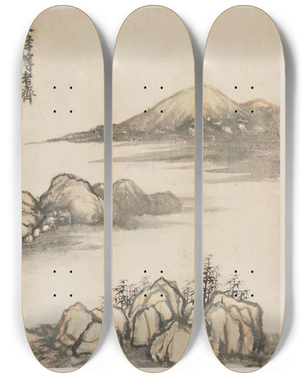 Triptych art skateboard deck of Shitao Reminiscences Of Qinhuai River Pl2 by Shitao (1642-1707)
