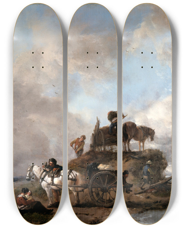Triptych art skateboard deck of Philips Wouwerman Peasants In The Fields Hay Harvest by Philips Wouwerman (1619-1668)