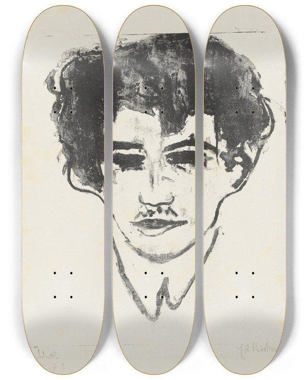 Triptych art skateboard deck of Ernst Ludwig Kirchner Kopf 2 by Ernst Ludwig Kirchner (1880-1938)