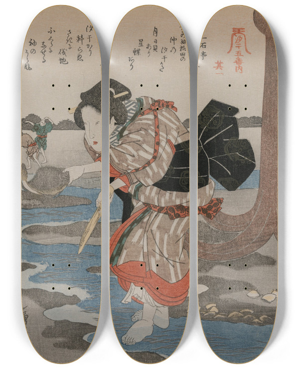 Triptych art skateboard deck of Utagawa Kuniyoshi Five Pictures Of Low Tide by Utagawa Kuniyoshi (1797-1861)