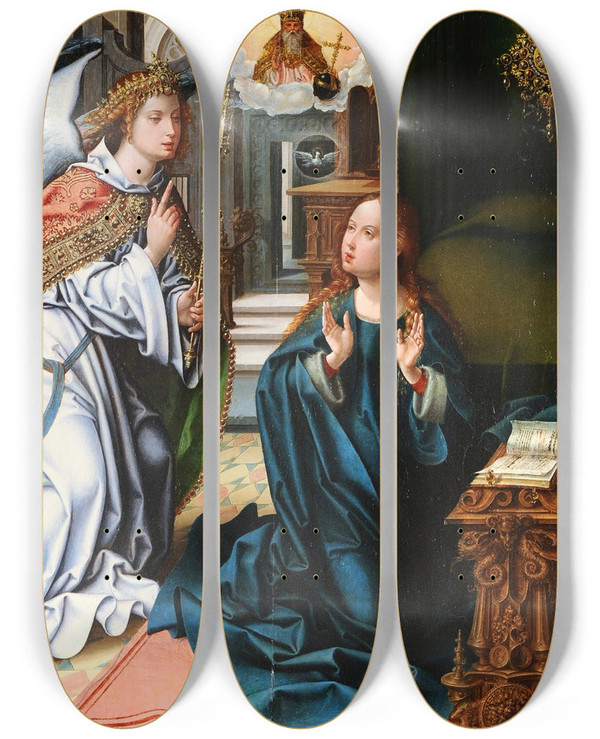 Triptych art skateboard deck of Pieter Coecke Van Aelst The Annunciation by Pieter Coecke Van Aelst (1502-1550)