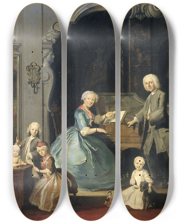 Triptych art skateboard deck of Cornelis Troost Family Group Near A Harpsichord by Cornelis Troost (1696-1750)